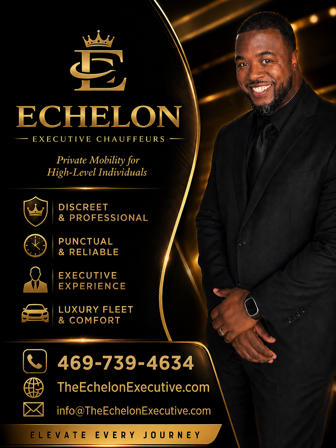 Echelon executive chauffeur in a tailored black suit